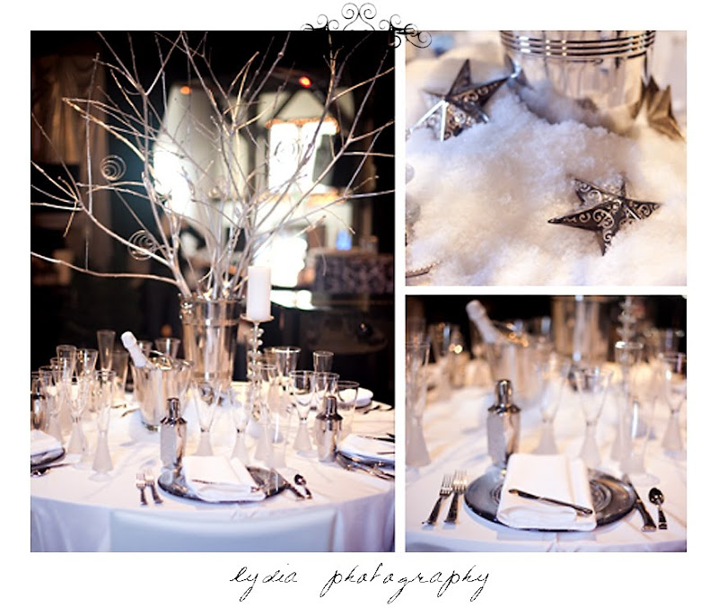 White and silver winter wonderland table settings and decor at the Nevada County Wedding Expo