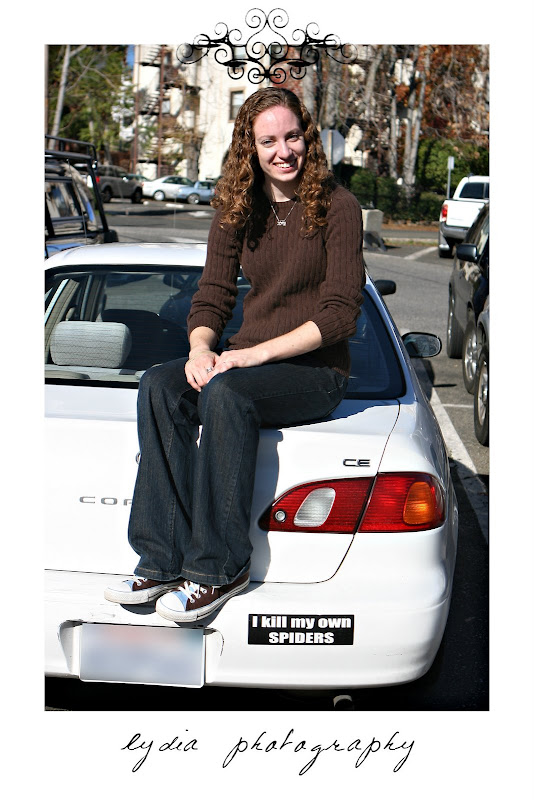 Girl sitting on the car at lifestyle friends portraits at the Elks Lodge in Grass Valley, California