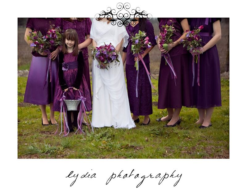 Bride and bridesmaid's bouquets at purple, winter wedding in Santa Rosa, California