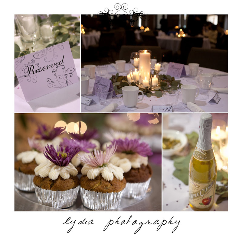 Table decor and cupcakes at purple, winter wedding in Santa Rosa, California