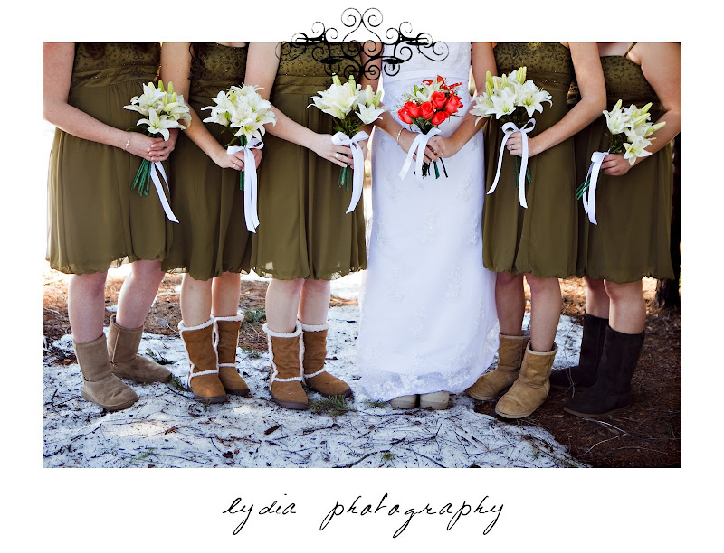 Bride and bridesmaid's in uggs at snowy, green and orange wedding in Shingletown, California