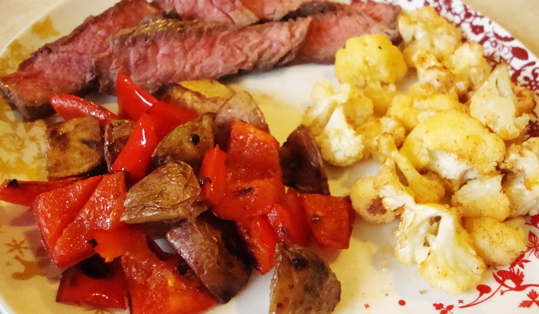 my back pages london broil with potatoes and peppers and roasted