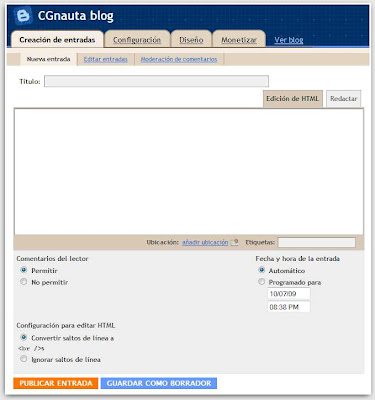 LA interfaz de Blogger Draft sin controles HTML