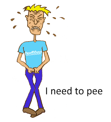 Man in Twitter t-shirt, holding crotch, face strained, saying 'I need to pee'.
