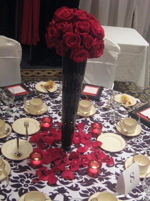 This next table was fun Black and white baroque linen with splashes of red
