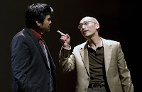 Playwright D.H.H. (Pun Bandhu, left) takes a lesson on the American dream from his father, H.Y.H. (Francis Jue, right) in the Bay Area premiere of Yellow Face at TheatreWorks.