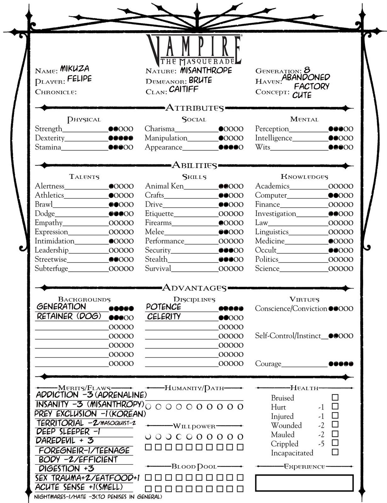 Vampire The Masquerade Character Sheet Program