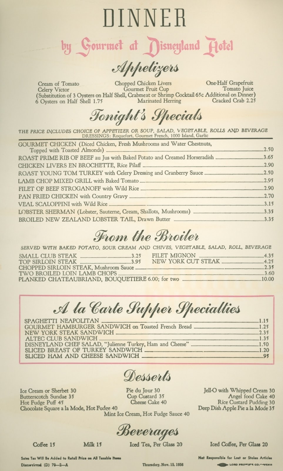 The Original Disneyland Hotel: November 15, 1956 Gourmet Menu