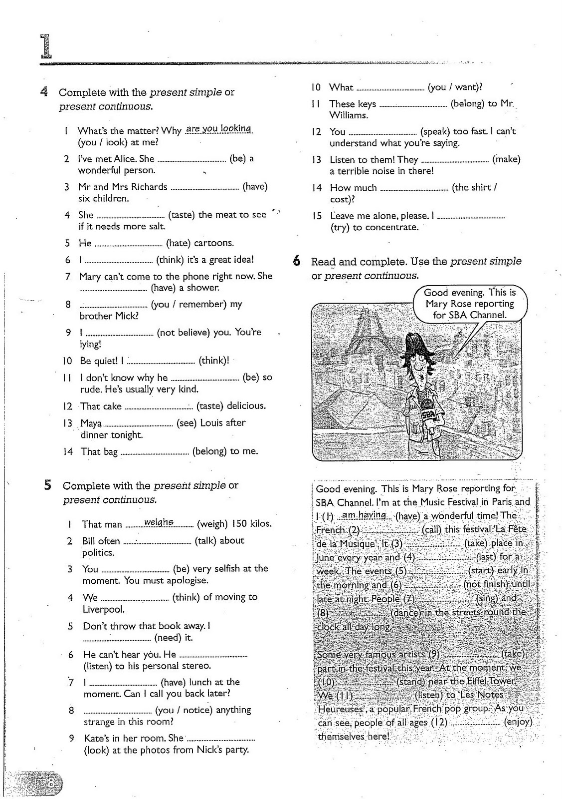 present simple vs present continuous exercises 1 eso