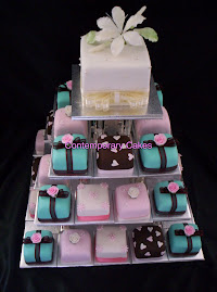 Pink, teal and chocolate miniature cake colour scheme.