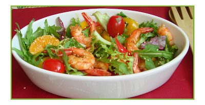 I love the nutty flavor in sesame oil and a mixed with a little fresh orange juice and spicy soy sauce renders the prawn salad a wonderful flavor...