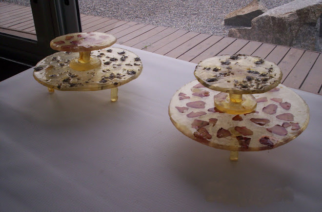 bandejas realizadas en caramelo con chip de frutillas y  flores de lavanda