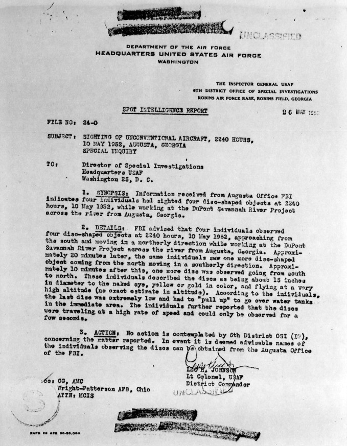 [UFOs+Sighted+Near+Savanah+River+H-Bomb+Plant+-Spot+Intelligence+Report+5-26-1952]