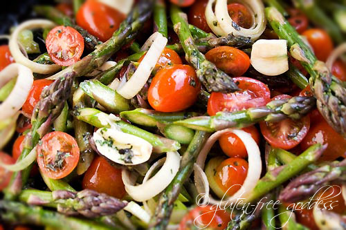 Asparagus and tomatoes on gluten free spring pasta