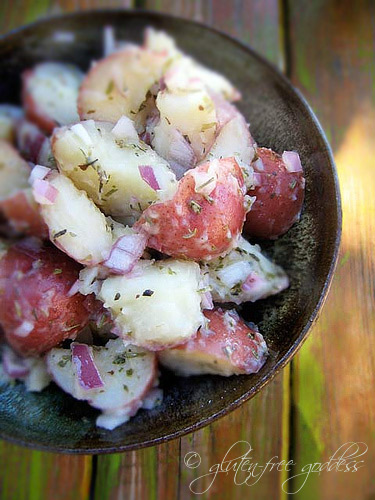 Mayo free potato salad with champagne vinegar is vegan and gluten free