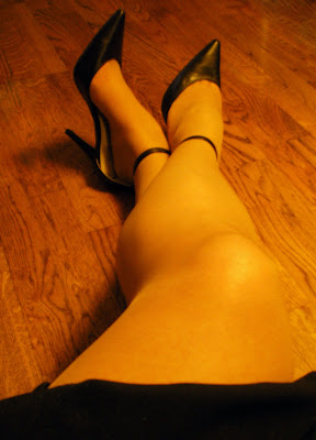 pantyhose crossed legs real woman black ankle strap stilettos