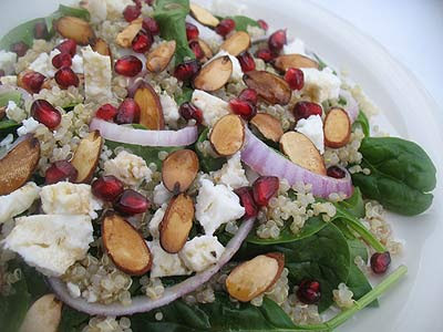 Quinoa Spinach Salad with Feta, Pomegranate and Toasted Almonds