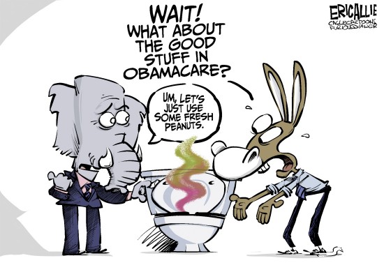 Eric Allie cartoon of elephant and donkey over toilet