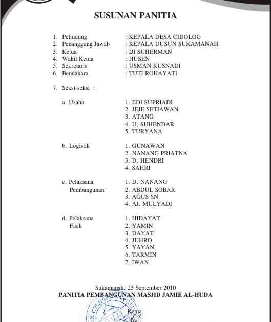 PANITIA PEMBANGUNAN MASJID JAMIE AL HUDA SUSUNAN PANITIA