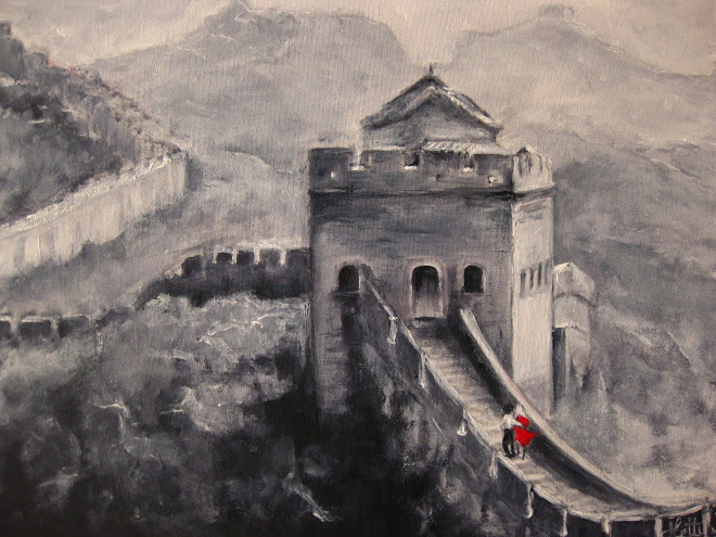chinese muur zwart/wit olieverf/acryl 50 x 60