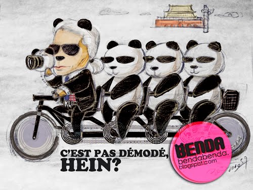 Karl Lagerfeld with Benda Karl Lagerfeld Tshirt designed by Ben Liu Benda, Karl Lagerfeld riding bike with panda Benda in China, taking photos with panda camera