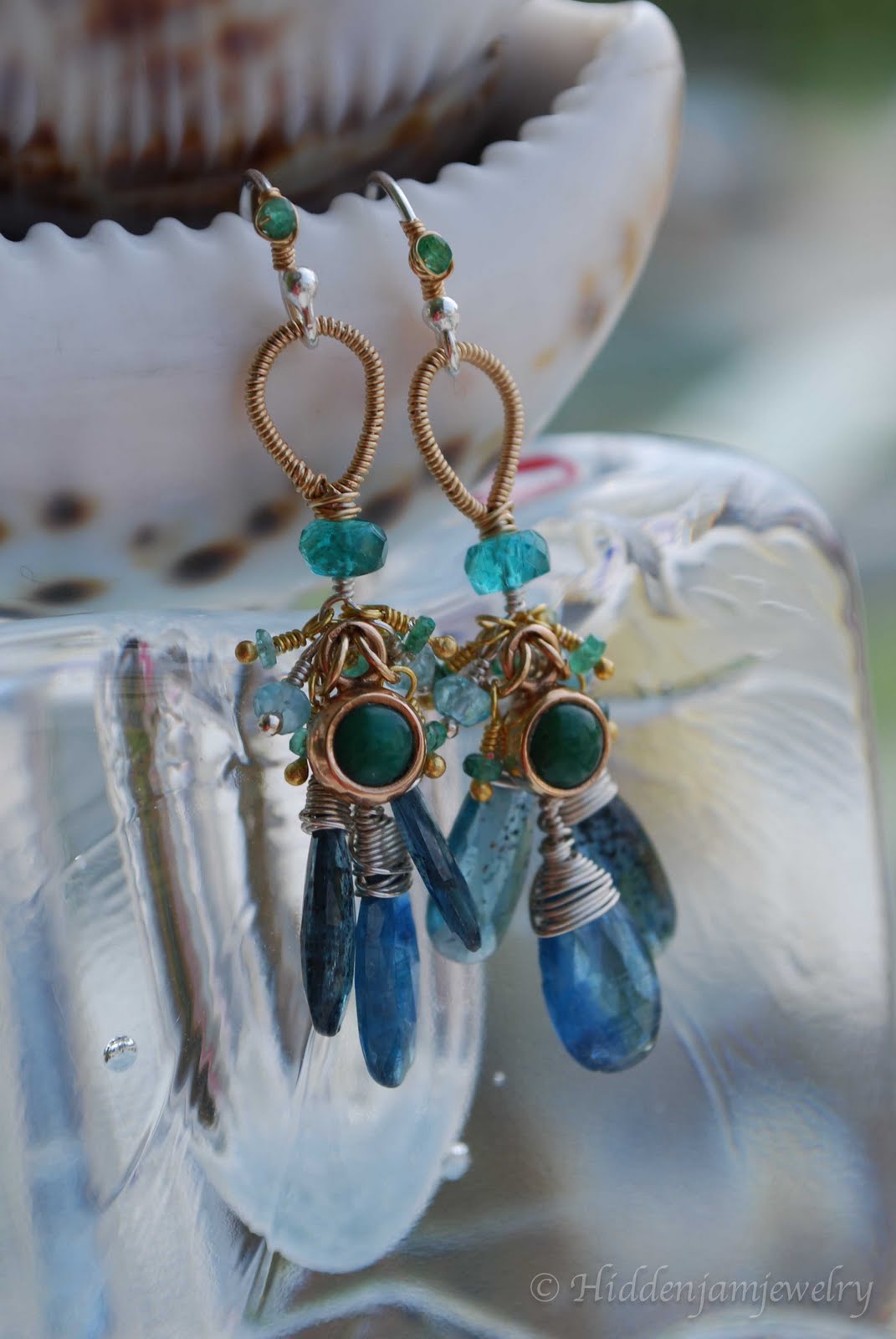 Hidden Jam Jewelry Green turquoise and columbian emerald earrings.
