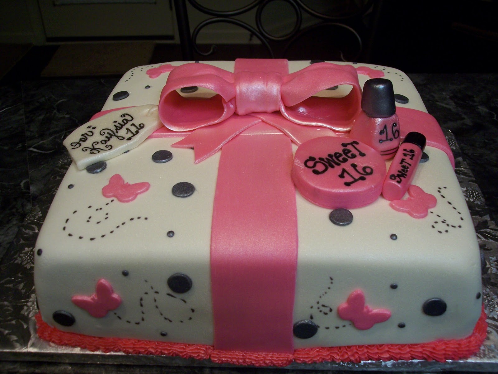 MyMoniCakes Pink & Black Butterfly gift box cake with "Sweet 16 accents"
