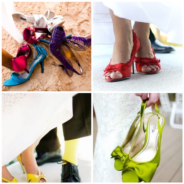  beautiful and colorful pair of shoes with a white or cream wedding gown