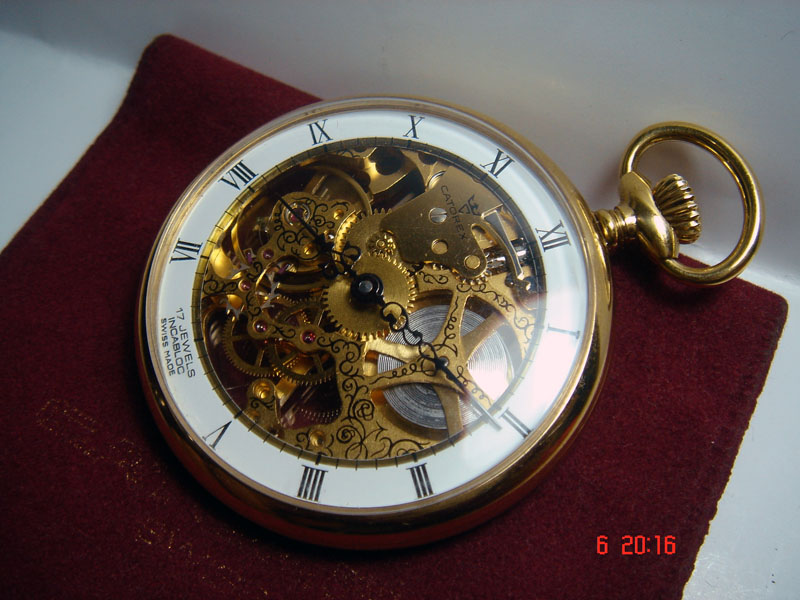 JAM VINTAGE POCKET WATCH CATOREX SKELETON GOLD PLATED SWISS MADE "MINT" (SOLD)