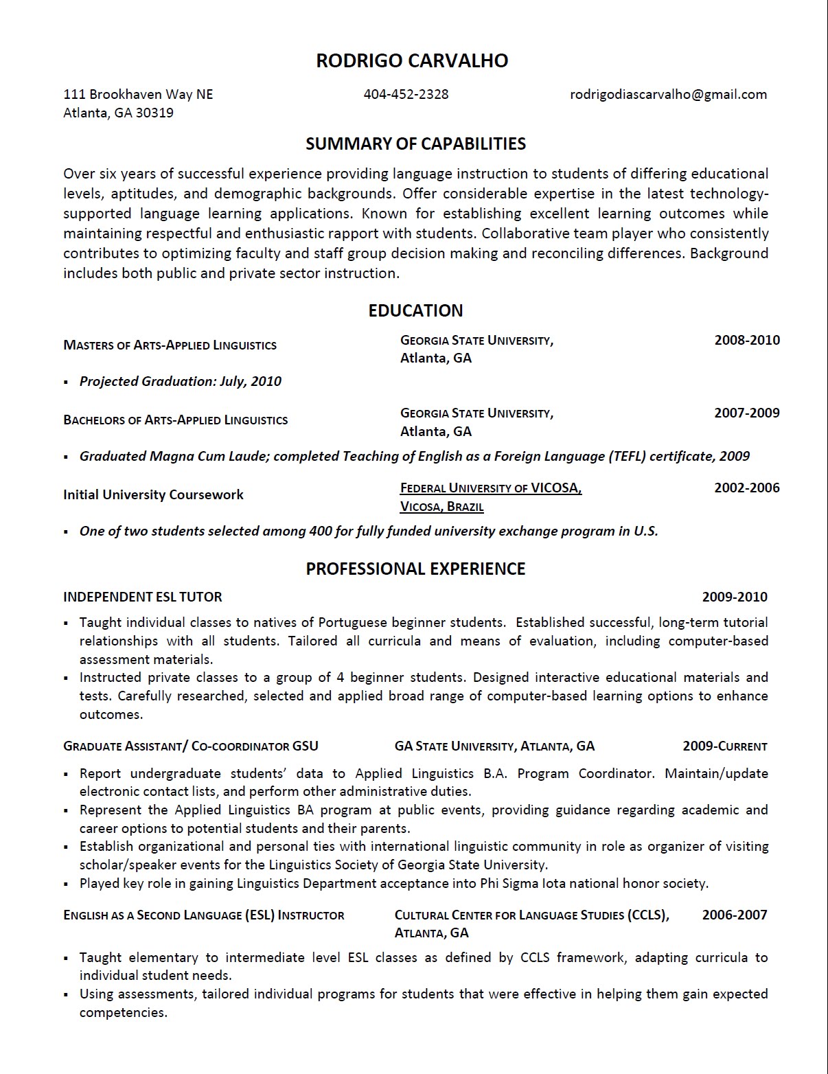 esl resume samples