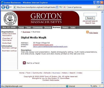 click here for Full Size image of DigitalMediaMagik.com's page on the Town of Groton (Mass) web site