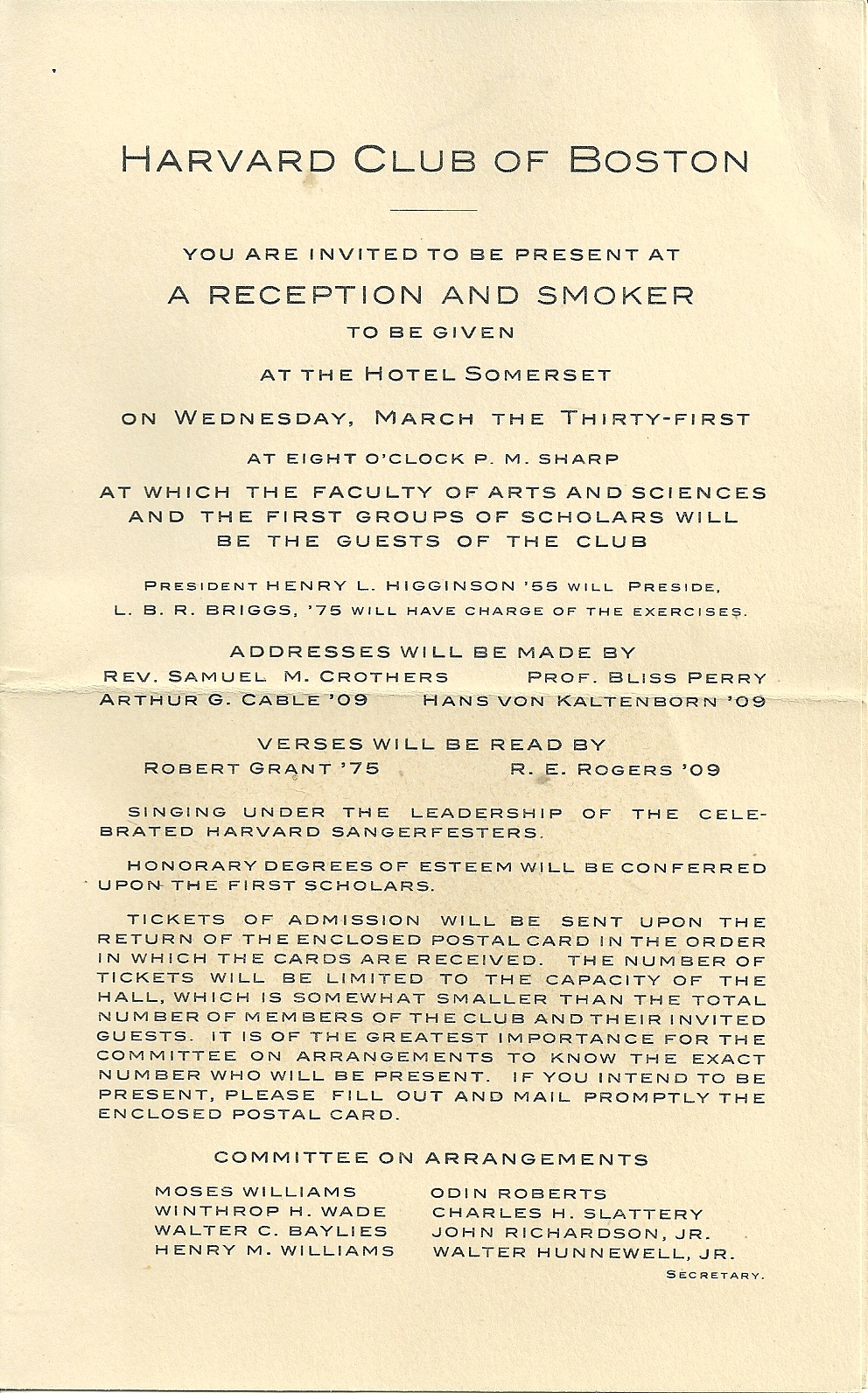 Heirlooms Reunited 1909 Program for Reception & Smoker, Harvard Club