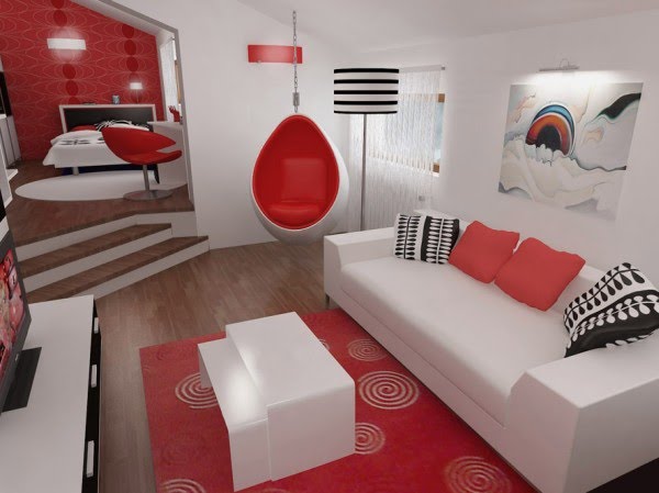 Moderno dormitorios: dormitorio en 3d de colores rojo y blanco con ...