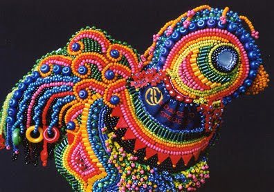bead embroidery by Robin Atkins, Rosie The Uncaged Hen, detail