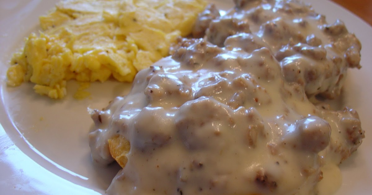 A Taste of Home Cooking Biscuits with Sausage Gravy and Scrambled Eggs