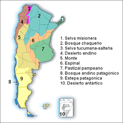 mapa con los biomas de Argentina