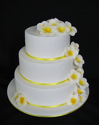 Frangipani wedding cake with yellow satin ribbon