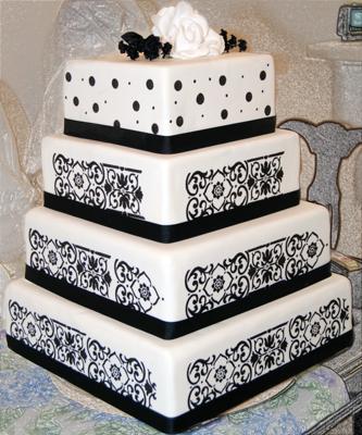 square black and white wedding cakes. Four tier lack and white