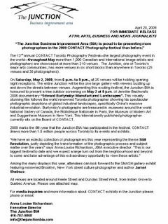 Screenshot: Press-Release: Junction BIA is proud to be presenting more photographers in the 2009 CONTACT Photography festival than before Press-Release: Junction Business Improvement Area (BIA) 2009 CONTACT Toronto Photography festival
