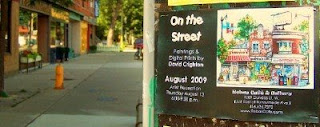 Poster: On the Street: Paintings & Digital Prints by David Crighton Photo: Poster on the Toronto Junction Public Message Centre: On the Street: Paintings & Digital Prints by David Crighton: August 2009 at Rebas Cafe & Gallery