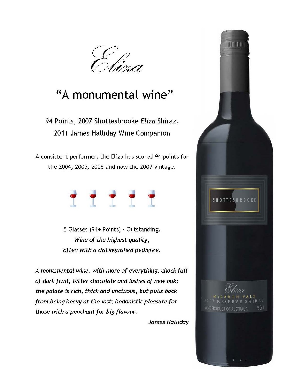 Wine Directions Shottesbrooke Eliza Shiraz 94 pts James Halliday