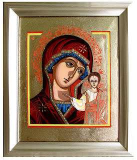 Virgin of Kazan, handpainted, hand-written,icon on glass, romanian, WindowIntoHeaven, Anna Edelman, buy