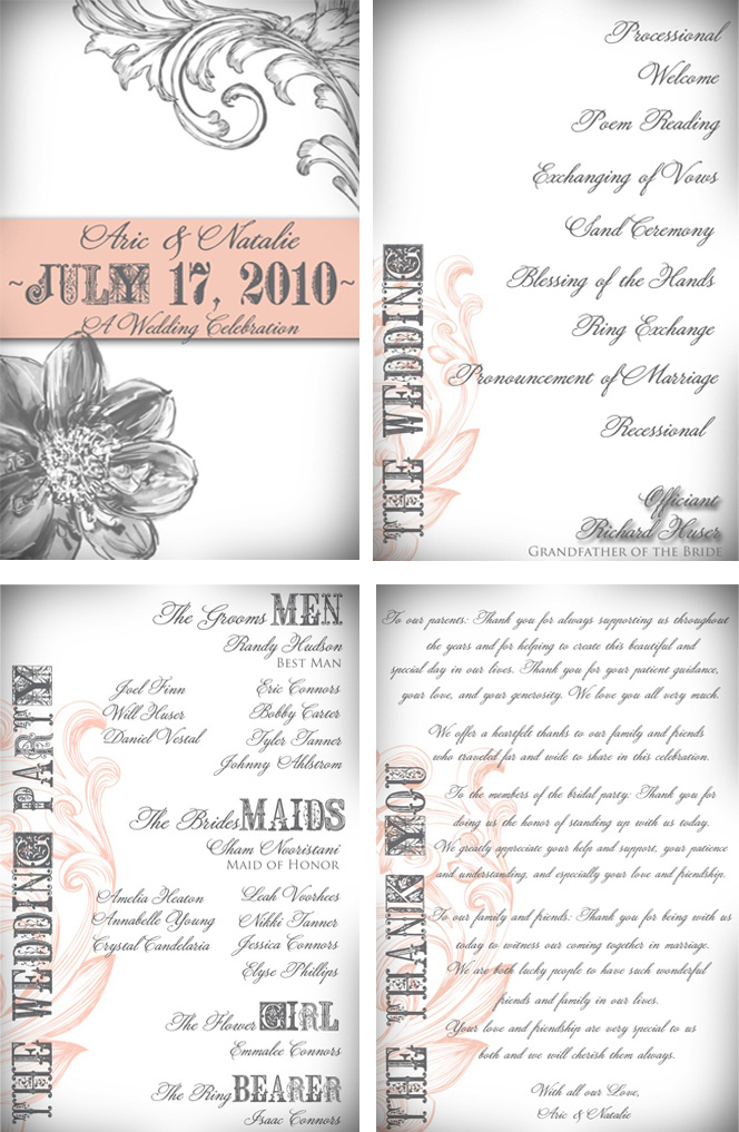 This order was done as a cover page a ceremony order the wedding party