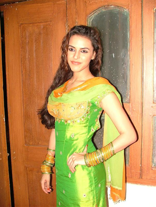 neha dhupia in green orange suit salwaar photo gallery