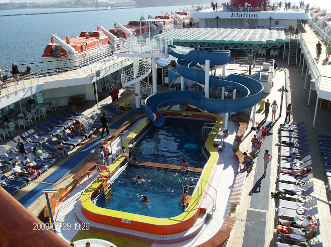The pool and waterslide on the ship