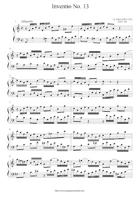 Partitura de piano gratis de Johann Sebastian Bach: Invention No.13 (BWV 784)
