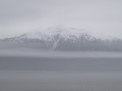 Across the water, the mountain appears out of the fog