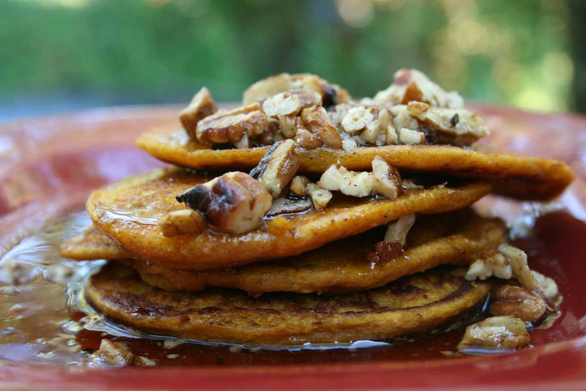 Recipe Shoebox Pumpkin Pancakes with CinnamonBrown ButterPecan Topping
