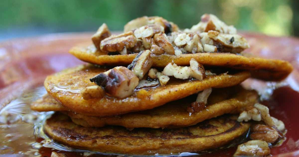Recipe Shoebox Pumpkin Pancakes with CinnamonBrown ButterPecan Topping