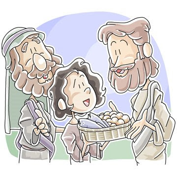 A boy sharing his bread and fish to Jesus